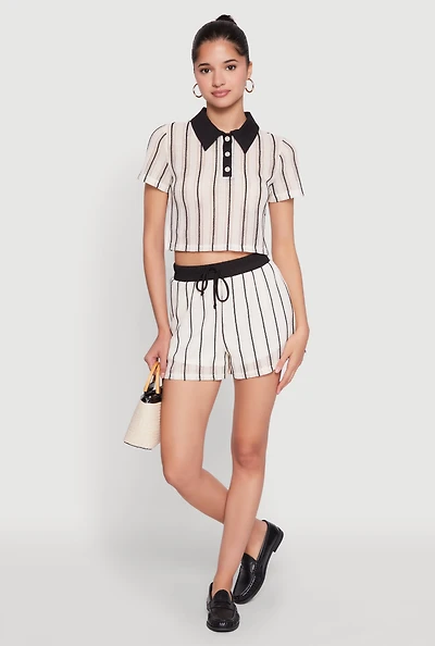 Womens Contrast Trim Striped Crochet Shorts,
