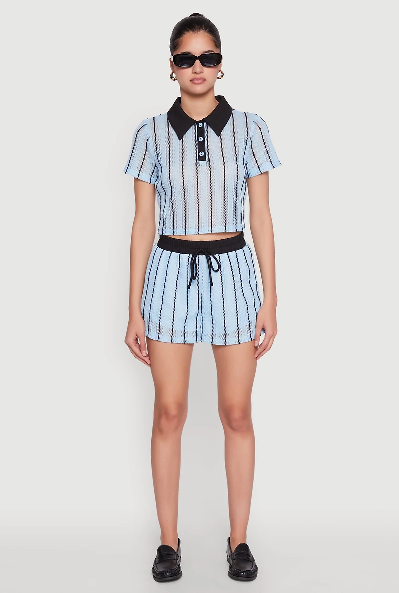 Womens Contrast Trim Striped Crochet Shorts, Blue, Size S