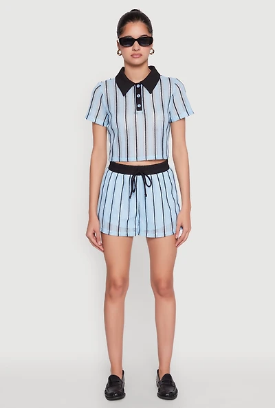 Womens Contrast Trim Striped Crochet Shorts, Blue, Size S