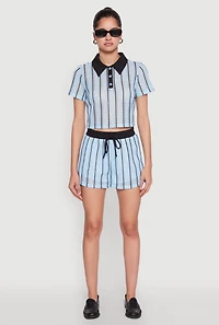 Womens Contrast Trim Striped Crochet Shorts, Blue, Size S