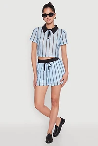 Womens Contrast Trim Striped Crochet Shorts, Blue, Size S