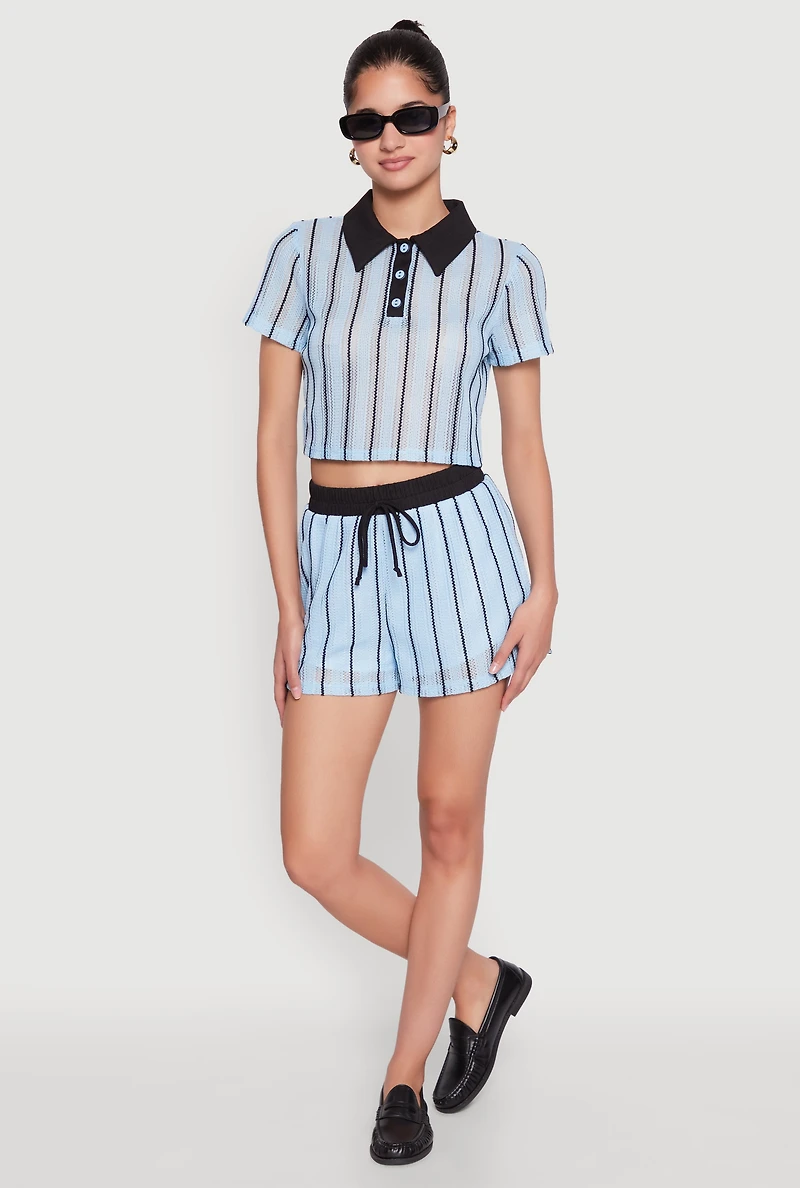 Womens Contrast Trim Striped Crochet Shorts, Blue, Size XL