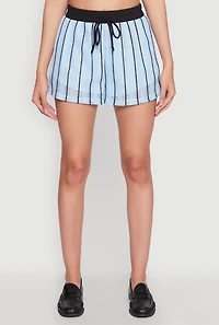 Womens Contrast Trim Striped Crochet Shorts, Blue, Size S