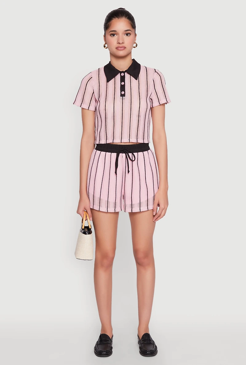 Womens Contrast Trim Striped Crochet Shorts, Pink, Size M