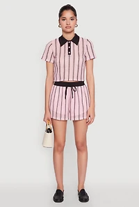 Womens Contrast Trim Striped Crochet Shorts, Pink, Size M