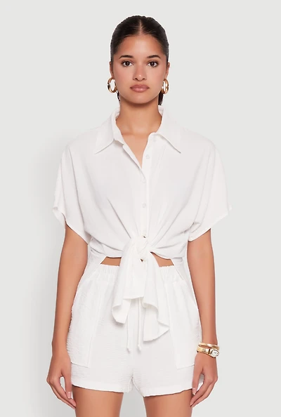 Womens Chic Crepe Knit Shirt with Tie Front and High Low Hem, White,