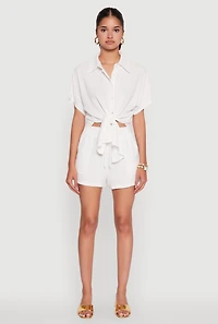 Womens Chic Crepe Knit Shirt with Tie Front and High Low Hem, White,