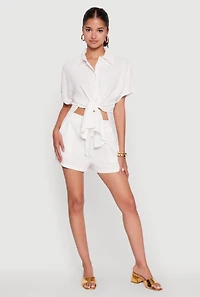 Womens Chic Crepe Knit Shirt with Tie Front and High Low Hem, White,