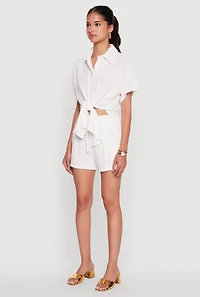 Womens Chic Crepe Knit Shirt with Tie Front and High Low Hem, White, Size M