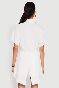 Womens Chic Crepe Knit Shirt with Tie Front and High Low Hem, White,