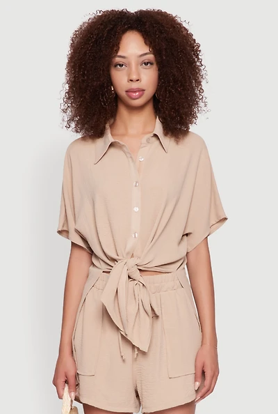 Womens Chic Crepe Knit Shirt with Tie Front and High Low Hem,