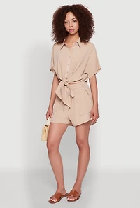 Womens Chic Crepe Knit Shirt with Tie Front and High Low Hem, Beige, Size M