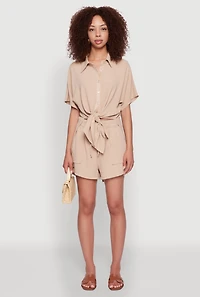 Womens Chic Crepe Knit Shirt with Tie Front and High Low Hem, Beige, Size L