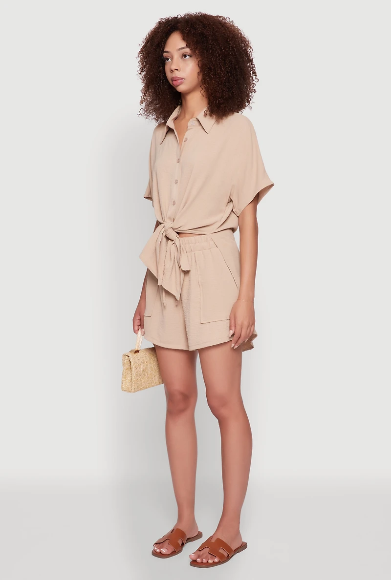 Womens Chic Crepe Knit Shirt with Tie Front and High Low Hem, Beige, Size L