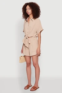 Womens Chic Crepe Knit Shirt with Tie Front and High Low Hem, Beige, Size L