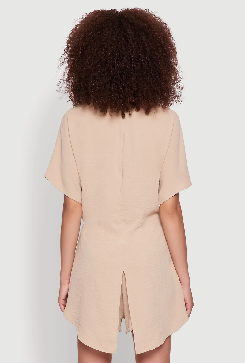 Womens Chic Crepe Knit Shirt with Tie Front and High Low Hem, Beige,
