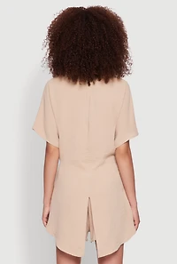 Womens Chic Crepe Knit Shirt with Tie Front and High Low Hem, Beige,