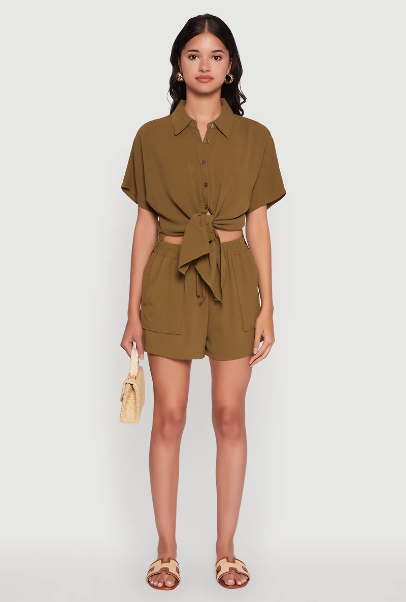 Chic Crepe Knit Shirt with Tie Front and High Low Hem