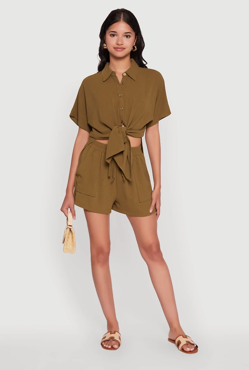 Chic Crepe Knit Shirt with Tie Front and High Low Hem