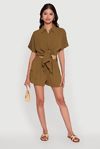 Chic Crepe Knit Shirt with Tie Front and High Low Hem