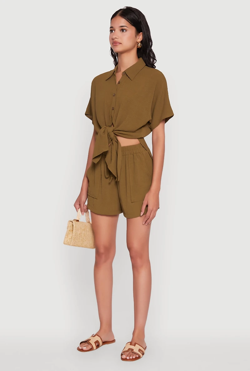 Chic Crepe Knit Shirt with Tie Front and High Low Hem