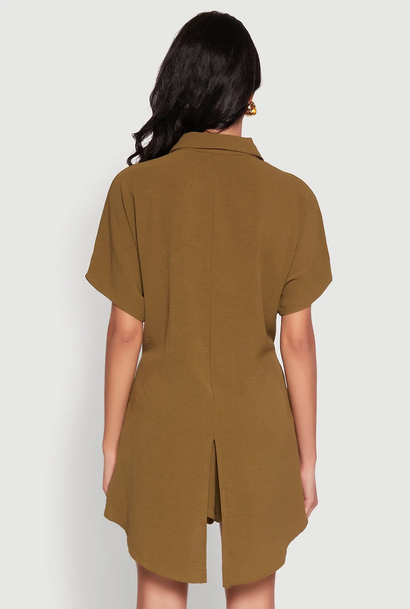 Chic Crepe Knit Shirt with Tie Front and High Low Hem