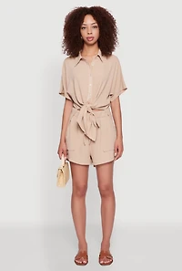 Womens Chic High Waisted Crepe Knit Shorts with Pockets, Khaki, Size M