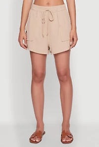 Womens Chic High Waisted Crepe Knit Shorts with Pockets, Khaki, Size M