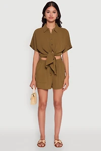 Womens Chic High Waisted Crepe Knit Shorts with Pockets, Green, Size S