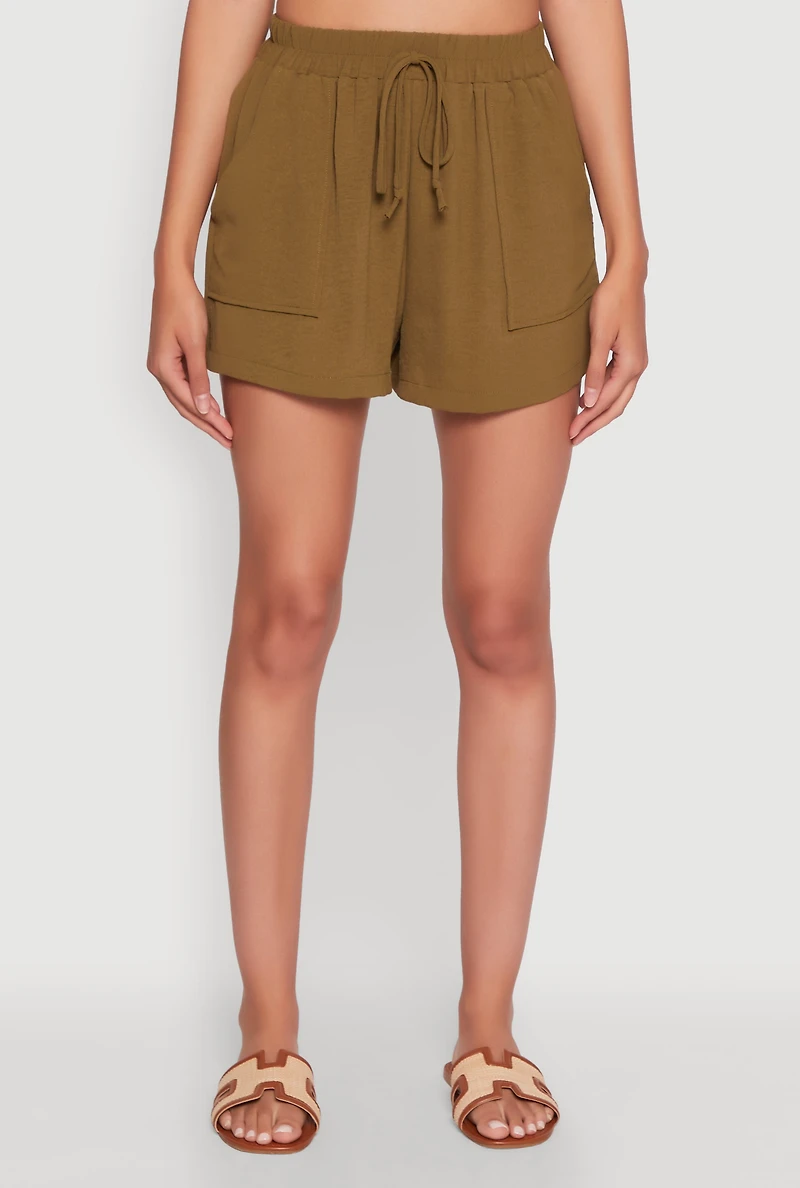 Womens Chic High Waisted Crepe Knit Shorts with Pockets, Green, Size S