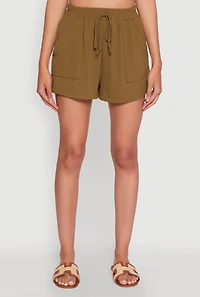 Womens Chic High Waisted Crepe Knit Shorts with Pockets, Green, Size S