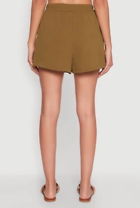 Womens Chic High Waisted Crepe Knit Shorts with Pockets, Green, Size S