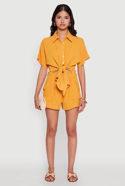 Womens Chic High Waisted Crepe Knit Shorts with Pockets, Yellow, Size S