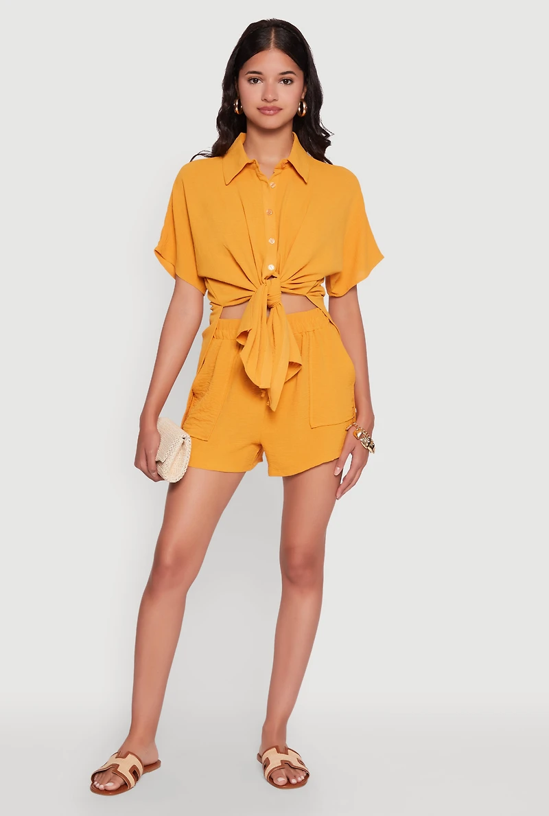 Womens Chic High Waisted Crepe Knit Shorts with Pockets, Yellow, Size S