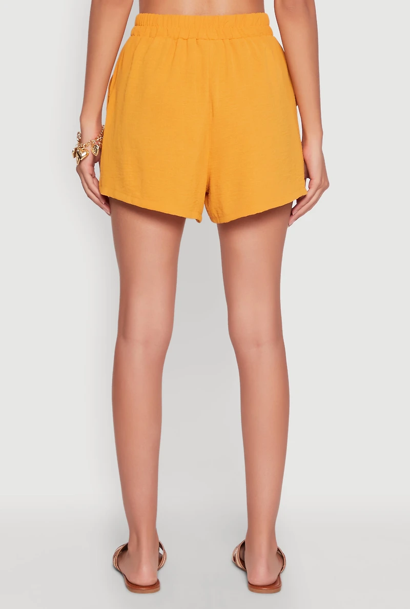 Womens Chic High Waisted Crepe Knit Shorts with Pockets, Yellow, Size S