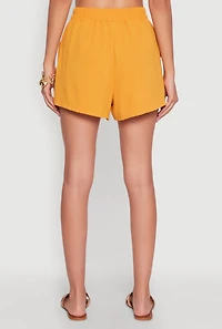 Womens Chic High Waisted Crepe Knit Shorts with Pockets, Yellow, Size S