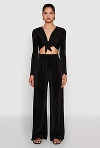 Womens Plisse Tie Front Crop Top,
