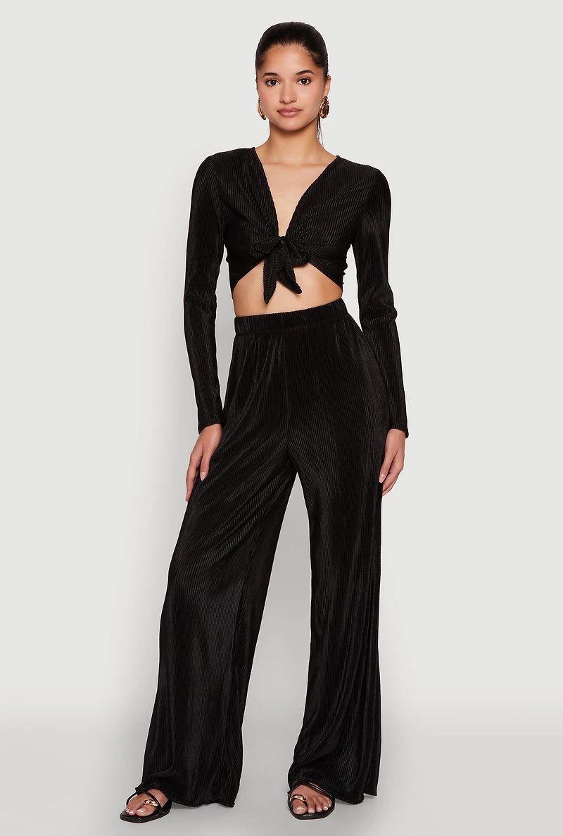 Womens Plisse Tie Front Crop Top,