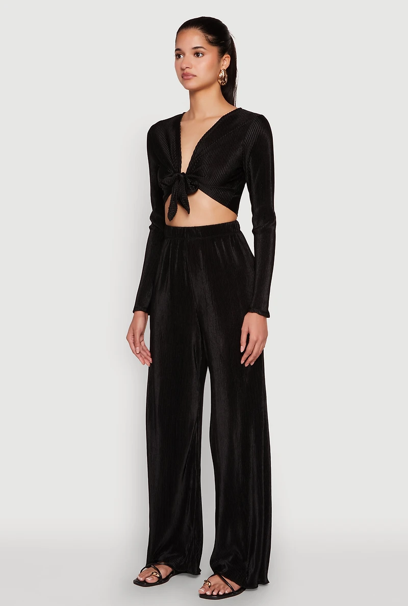 Womens Plisse Tie Front Crop Top,