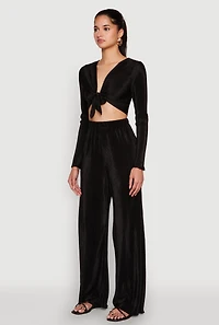 Womens Plisse Tie Front Crop Top,