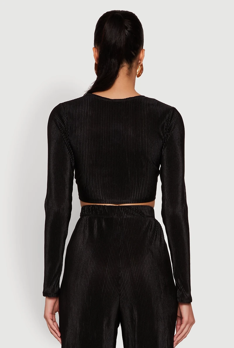 Womens Plisse Tie Front Crop Top,