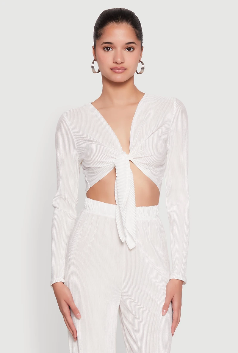 Plisse Tie Front Crop Top