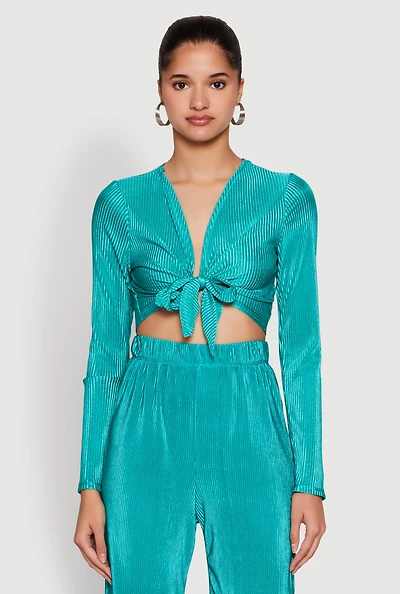 Womens Plisse Tie Front Crop Top,