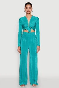 Womens Plisse Tie Front Crop Top,