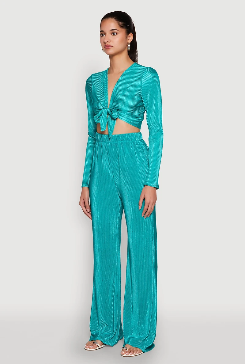 Womens Plisse Tie Front Crop Top,