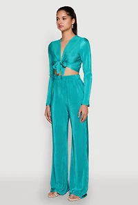 Womens Plisse Tie Front Crop Top,