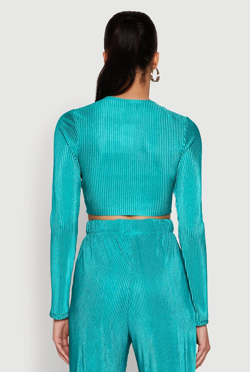 Womens Plisse Tie Front Crop Top,
