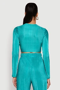 Womens Plisse Tie Front Crop Top,