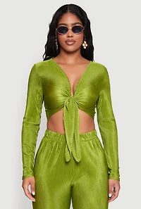 Womens Plisse Tie Front Crop Top, M