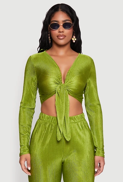 Womens Plisse Tie Front Crop Top,